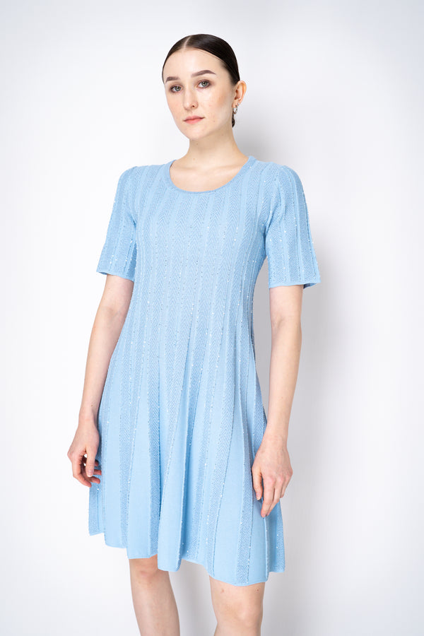 D. Exterior Sequined Short Sleeve Knit Dress in Sky Blue Vancouver. Shop Online or in Store.
