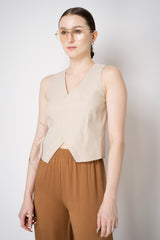 D. Exterior Slim Cropped Linen Vest with Tie Front in Beige Vancouver. Shop Online or in Store.