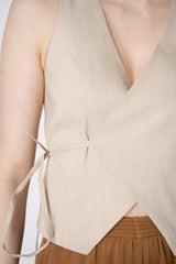 D. Exterior Slim Cropped Linen Vest with Tie Front in Beige Vancouver. Shop Online or in Store.
