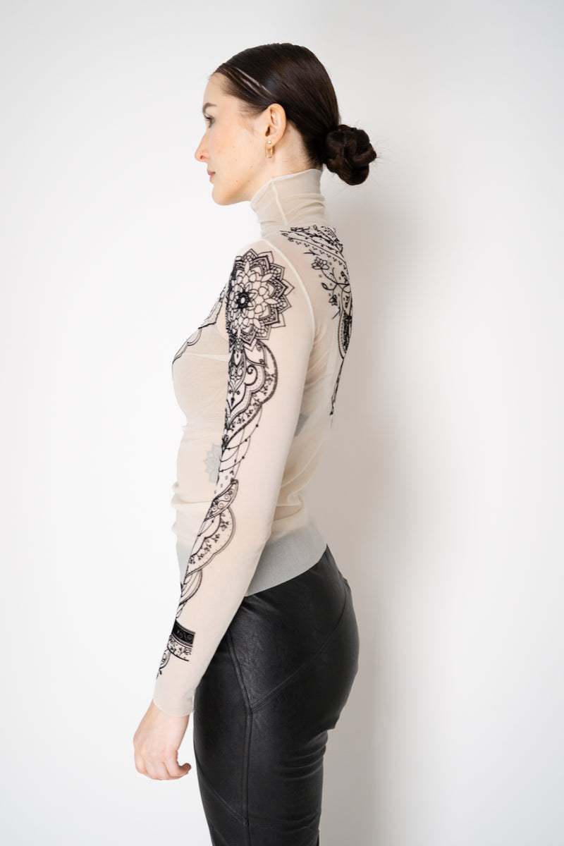 D. Exterior Stretch Tulle Turtleneck Henna Tattoo Top in White and Black Vancouver. Shop Online or in Store.