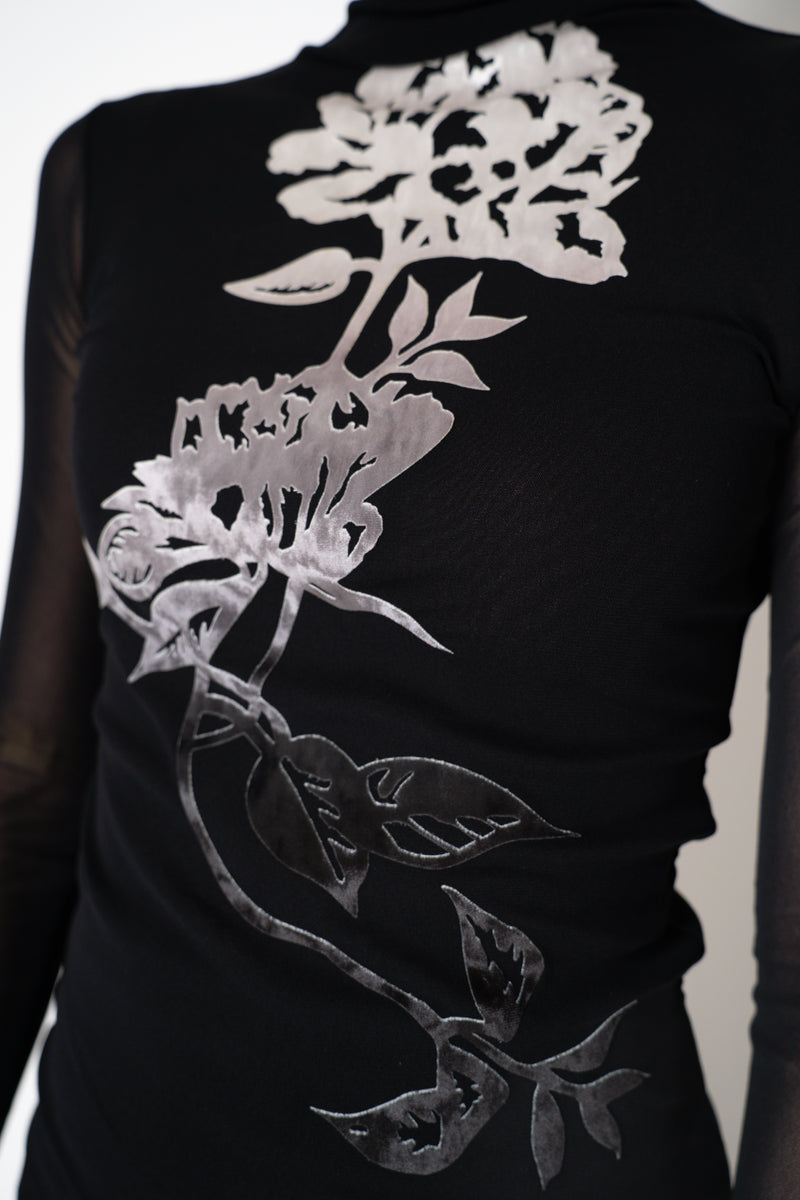 D. Exterior Stretch Tulle Turtleneck with Floral Silver Velvet Print in Black Vancouver. Shop Online or in Store.