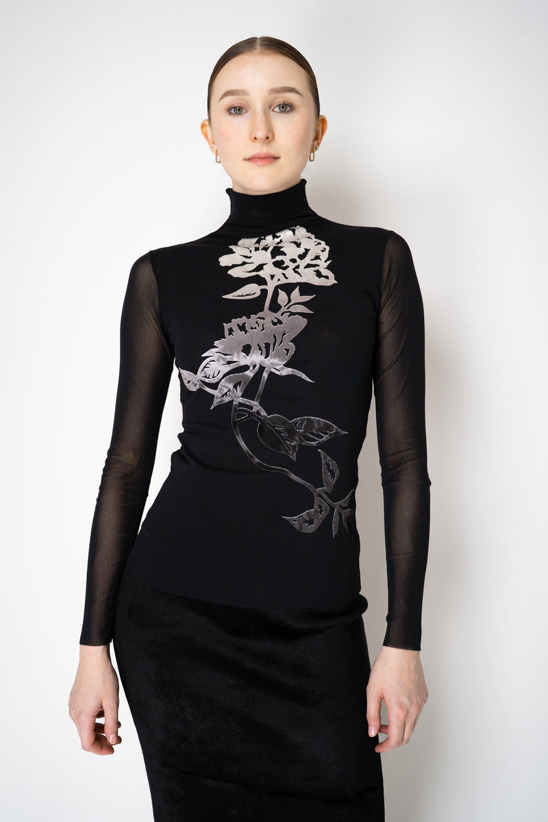 D. Exterior Stretch Tulle Turtleneck with Floral Silver Velvet Print in Black Vancouver. Shop Online or in Store.