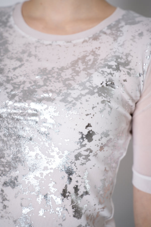 D. Exterior Stretch Tulle White Top with Silver Metallic Foil Appliqué Vancouver. Shop Online or in Store.