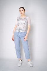 D. Exterior Stretch Tulle White Top with Silver Metallic Foil Appliqué Vancouver. Shop Online or in Store.