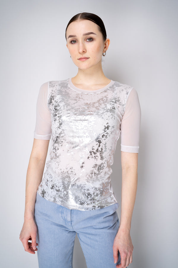 D. Exterior Stretch Tulle White Top with Silver Metallic Foil Appliqué Vancouver. Shop Online or in Store.
