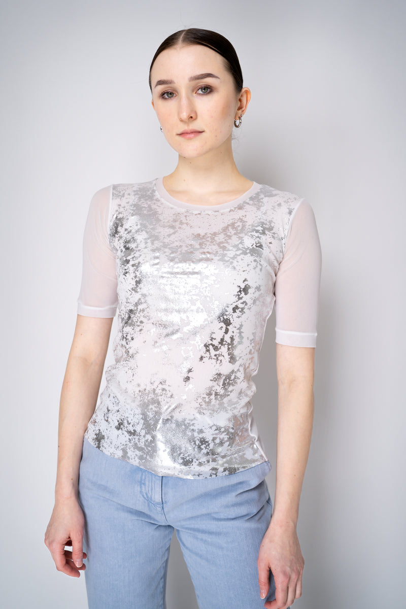 D. Exterior Stretch Tulle White Top with Silver Metallic Foil Appliqué Vancouver. Shop Online or in Store.