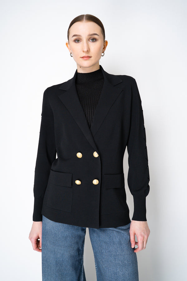 D. Exterior Viscose Knit Double Breasted Blazer with Laser Cut-Outs in Black Vancouver. Shop Online or in Store.