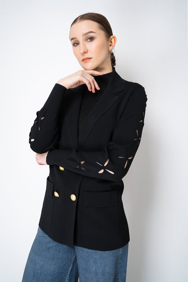 D. Exterior Viscose Knit Double Breasted Blazer with Laser Cut-Outs in Black Vancouver. Shop Online or in Store.