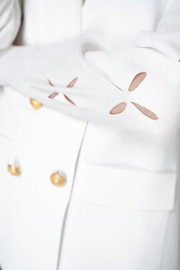 D. Exterior Viscose Knit Double Breasted Blazer with Laser Cut-Outs in White Vancouver. Shop Online or in Store.