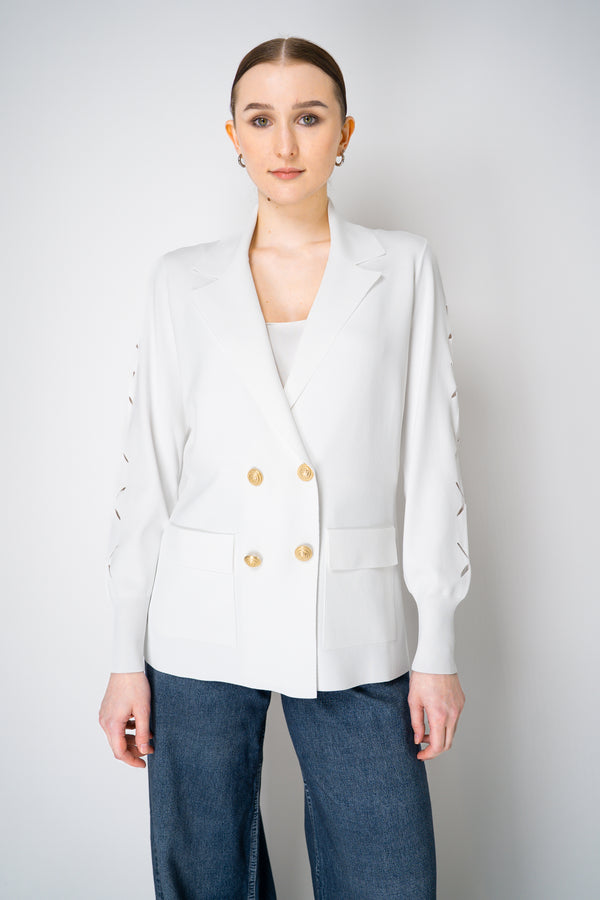 D. Exterior Viscose Knit Double Breasted Blazer with Laser Cut-Outs in White Vancouver. Shop Online or in Store.
