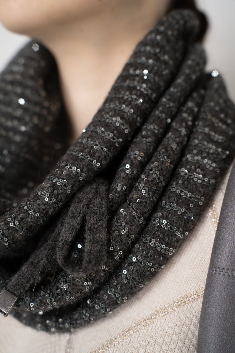 D. Exterior Wool Alpaca Sequined Knit Snood Scarf in Grey Vancouver. Shop Online or in Store.