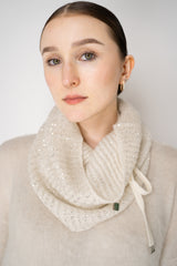D. Exterior Wool Alpaca Sequined Knit Snood Scarf in Latte Vancouver. Shop Online or in Store.
