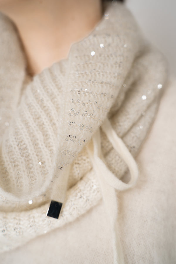 D. Exterior Wool Alpaca Sequined Knit Snood Scarf in Latte Vancouver. Shop Online or in Store.
