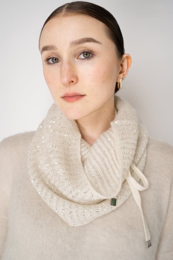D. Exterior Wool Alpaca Sequined Knit Snood Scarf in Latte Vancouver. Shop Online or in Store.