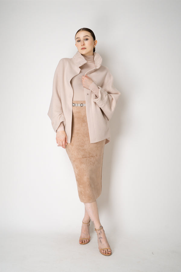 D. Exterior Wool Cashmere Stretch Knit Cape Coat in Light Rosewood Pink Vancouver. Shop Online or in Store.