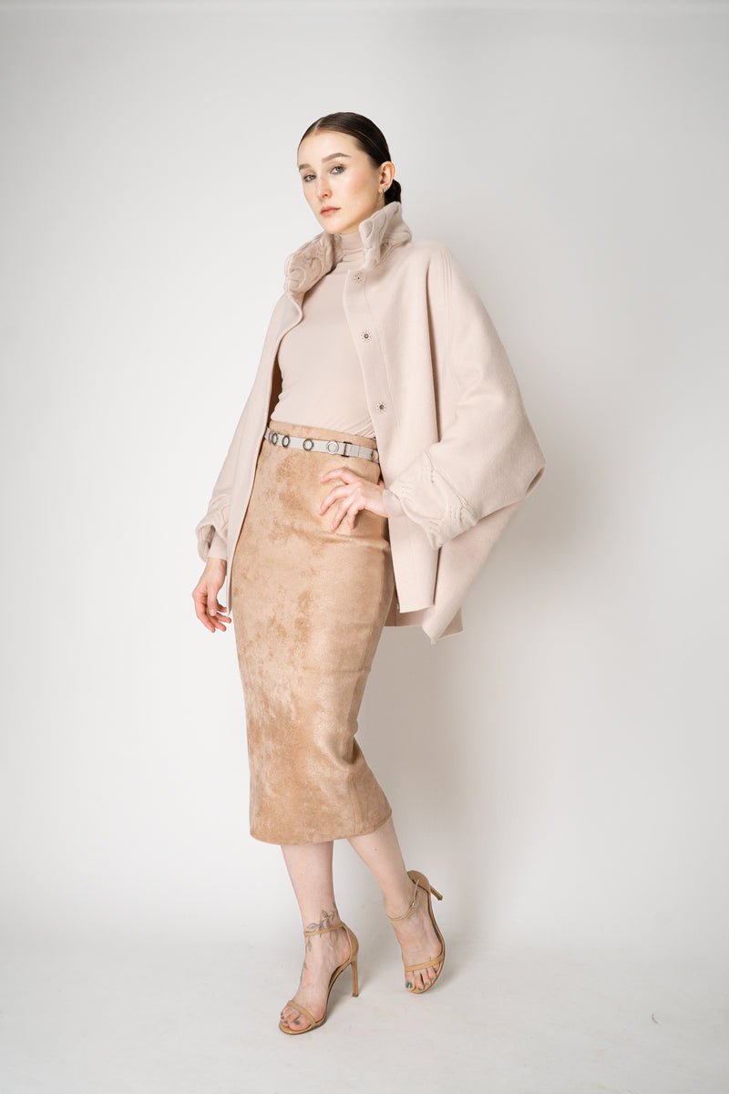 D. Exterior Wool Cashmere Stretch Knit Cape Coat in Light Rosewood Pink Vancouver. Shop Online or in Store.