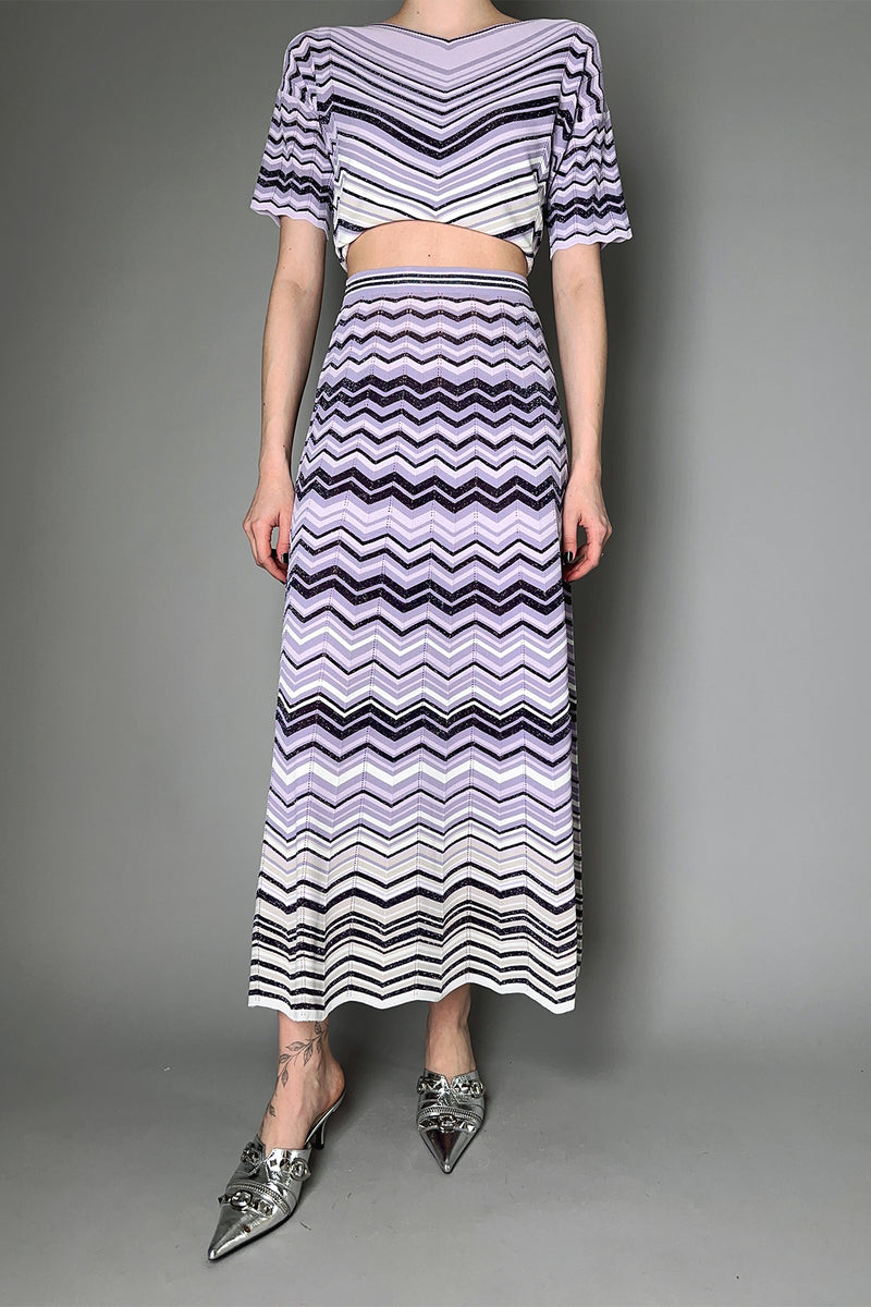 D. Exterior Lurex Knit Skirt in Purple Chevron