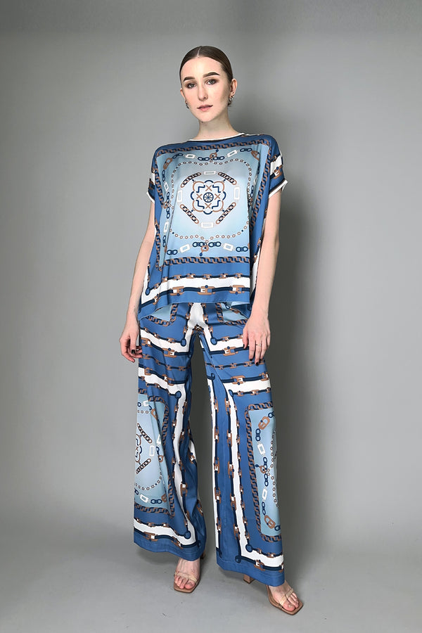 D. Exterior Chain Print Silky Twill Trousers in Blue and Bronze