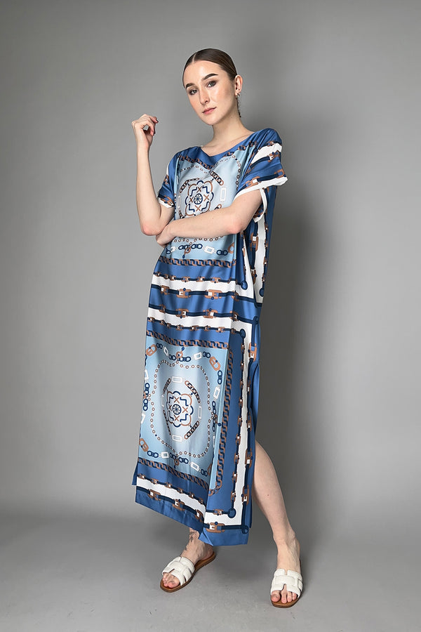 D. Exterior Chain Print Scarf Dress in Blue and Bronze