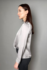 D. Exterior Fluid Satin Crossover Blouse in Pearl - Ashia Mode - Vancouver