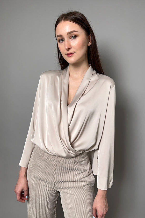 D. Exterior Fluid Satin Crossover Blouse in Limestone - Ashia Mode - Vancouver