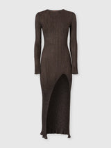 Missoni Long Sleeve Ribbed Knit Lurex Maxi Dress with Slit in Brown