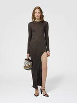 Missoni Long Sleeve Ribbed Knit Lurex Maxi Dress with Slit in Brown
