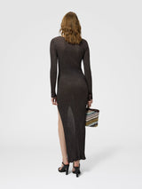Missoni Long Sleeve Ribbed Knit Lurex Maxi Dress with Slit in Brown
