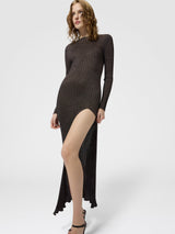 Missoni Long Sleeve Ribbed Knit Lurex Maxi Dress with Slit in Brown
