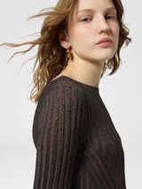 Missoni Long Sleeve Ribbed Knit Lurex Maxi Dress with Slit in Brown