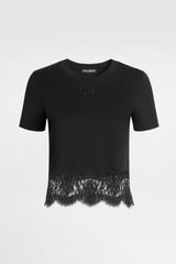 Dolce & Gabbana Cropped Jersey T-shirt wi Lace Trim in Black