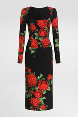 Dolce & Gabbana Rose-print Charmeuse Midi Dress in Red and Black