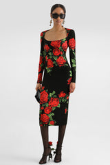 Dolce & Gabbana Rose-print Charmeuse Midi Dress in Red and Black