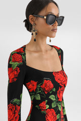 Dolce & Gabbana Rose-print Charmeuse Midi Dress in Red and Black