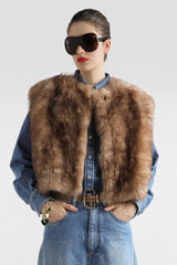 Dolce & Gabbana 100% Agnello Brushed Fur Vest in Golden Brown Melange Vancouver. Shop Online or in Store.
