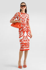 Dolce & Gabbana 3/4 Sleeve Long Charmeuse Dress in Orange Majolica Print Vancouver. Shop Online or in Store.