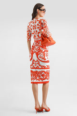 Dolce & Gabbana 3/4 Sleeve Long Charmeuse Dress in Orange Majolica Print Vancouver. Shop Online or in Store.