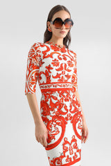 Dolce & Gabbana 3/4 Sleeve Long Charmeuse Dress in Orange Majolica Print Vancouver. Shop Online or in Store.