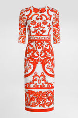 Dolce & Gabbana 3/4 Sleeve Long Charmeuse Dress in Orange Majolica Print Vancouver. Shop Online or in Store.