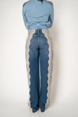 Dolce & Gabbana 5-Pocket Denim Trousers with Lace Inserts in Dark Blue Wash Vancouver. Shop Online or in Store.