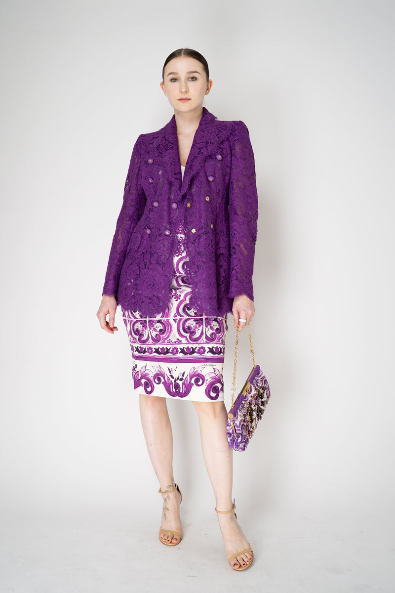 Dolce & Gabbana Double Breasted Cordonetto Floral Lace Jacket in Violet Vancouver. Shop Online or in Store.