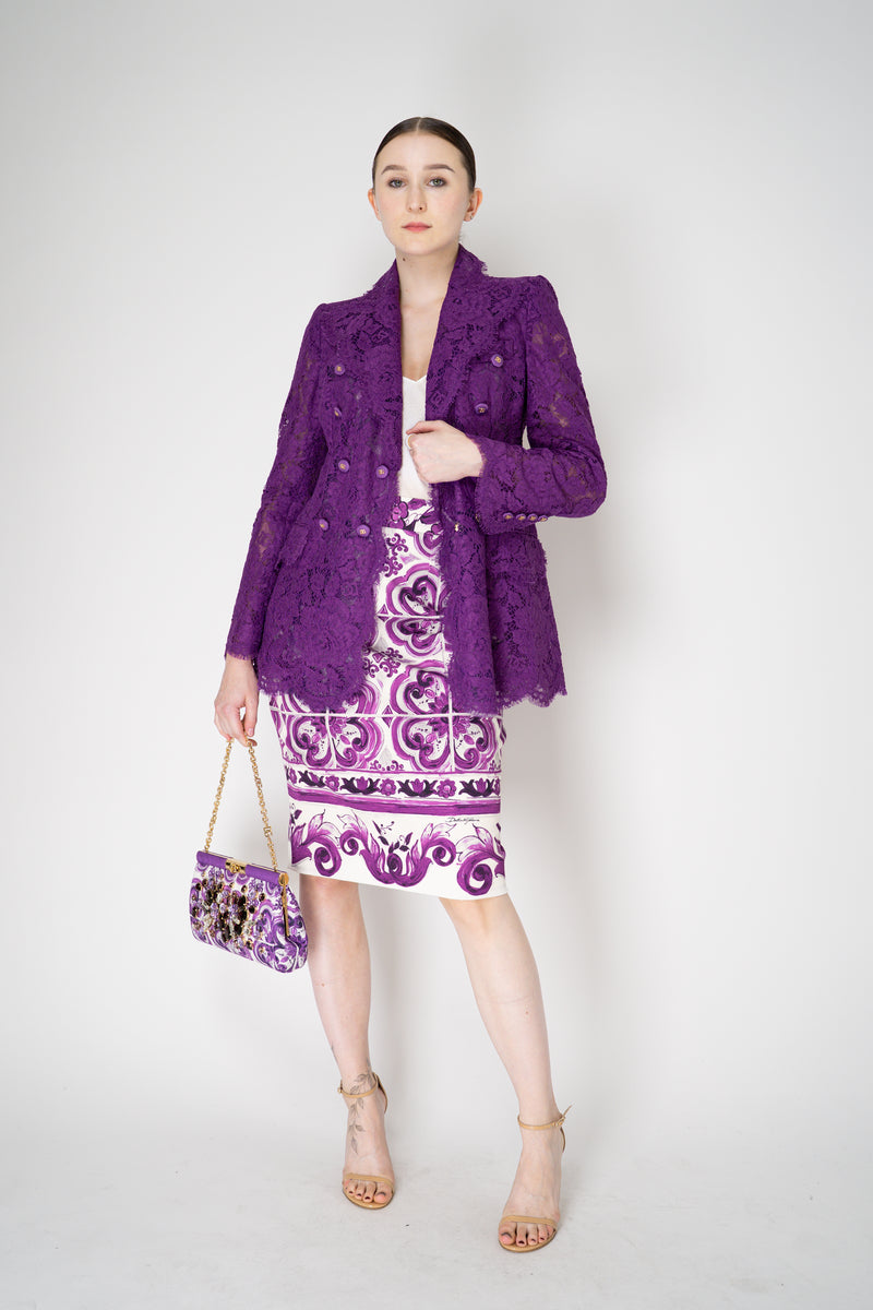 Dolce & Gabbana Double Breasted Cordonetto Floral Lace Jacket in Violet Vancouver. Shop Online or in Store.