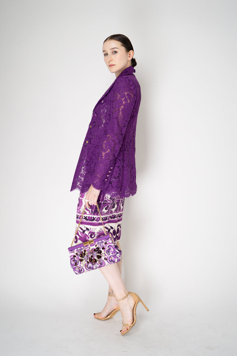 Dolce & Gabbana Double Breasted Cordonetto Floral Lace Jacket in Violet Vancouver. Shop Online or in Store.