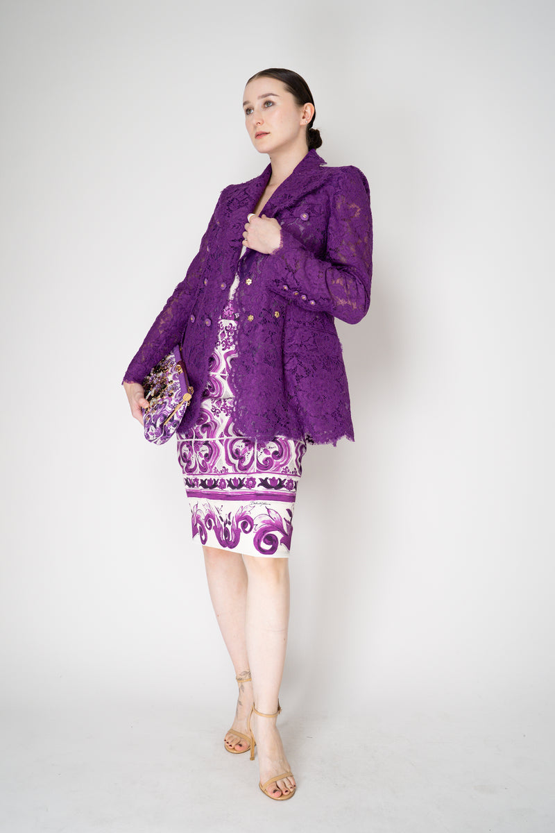 Dolce & Gabbana Double Breasted Cordonetto Floral Lace Jacket in Violet Vancouver. Shop Online or in Store.