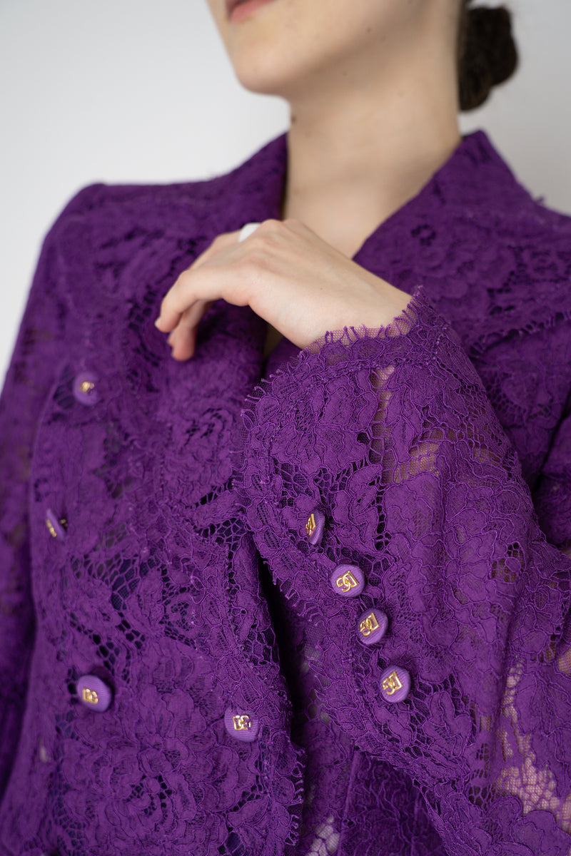 Dolce & Gabbana Double Breasted Cordonetto Floral Lace Jacket in Violet Vancouver. Shop Online or in Store.