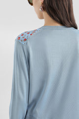Dolce & Gabbana Fitted Rose-Print Silk Cardigan in Blue Vancouver. Shop Online or in Store.