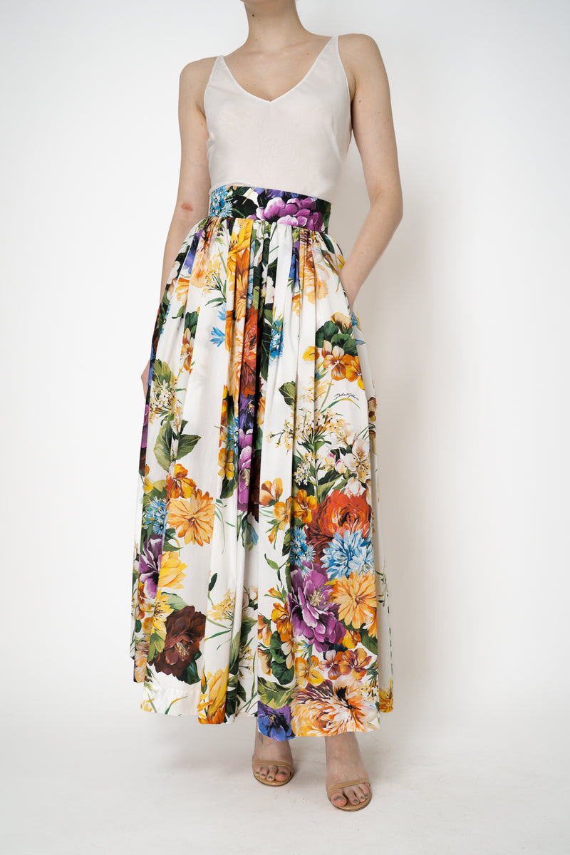 Dolce & Gabbana Flower Bouquet-Print Cotton Poplin Pleated Maxi Skirt Vancouver. Shop Online or in Store.
