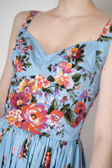 Dolce & Gabbana Heart Neckline Flower Bouquet-Print Dress in Light Blue Vancouver. Shop Online or in Store.