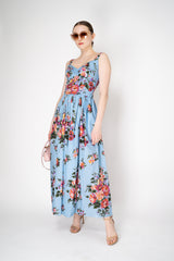 Dolce & Gabbana Heart Neckline Flower Bouquet-Print Dress in Light Blue Vancouver. Shop Online or in Store.
