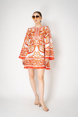 Dolce & Gabbana Long Sleeve Kaftan Mini Dress in Orange Majolica Print Vancouver. Shop Online or in Store.